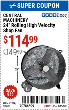 Harbor Freight Coupon 24" HIGH VELOCITY SHOP FAN Lot No. 62210/56742/93532 Expired: 7/15/20 - $114.99