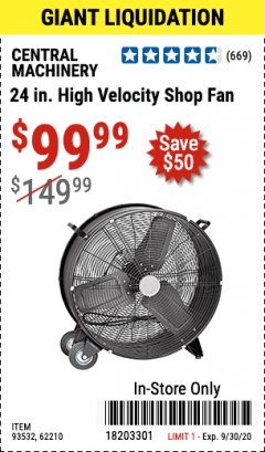 Harbor Freight Coupon 24" HIGH VELOCITY SHOP FAN Lot No. 62210/56742/93532 Expired: 9/30/20 - $99.99