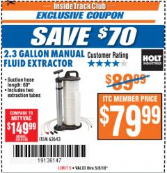 Harbor Freight ITC Coupon 2.3 GAL. MANUAL FLUID EXTRACTOR Lot No. 62643 Expired: 5/8/18 - $79.99