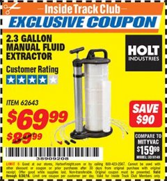 Harbor Freight ITC Coupon 2.3 GAL. MANUAL FLUID EXTRACTOR Lot No. 62643 Expired: 6/30/18 - $69.99