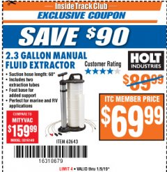 Harbor Freight ITC Coupon 2.3 GAL. MANUAL FLUID EXTRACTOR Lot No. 62643 Expired: 1/9/19 - $69.99