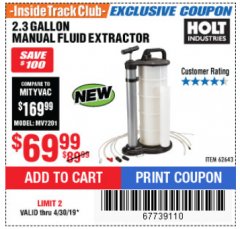 Harbor Freight ITC Coupon 2.3 GAL. MANUAL FLUID EXTRACTOR Lot No. 62643 Expired: 4/30/19 - $69.99