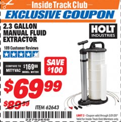 Harbor Freight ITC Coupon 2.3 GAL. MANUAL FLUID EXTRACTOR Lot No. 62643 Expired: 3/31/20 - $69.99