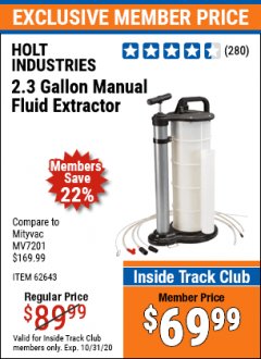 Harbor Freight ITC Coupon 2.3 GAL. MANUAL FLUID EXTRACTOR Lot No. 62643 Expired: 10/31/20 - $69.99
