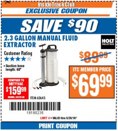 Harbor Freight ITC Coupon 2.3 GAL. MANUAL FLUID EXTRACTOR Lot No. 62643 Expired: 6/26/18 - $69.99