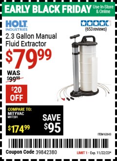 Harbor Freight Coupon 2.3 GAL. MANUAL FLUID EXTRACTOR Lot No. 62643 Expired: 11/22/23 - $79.99