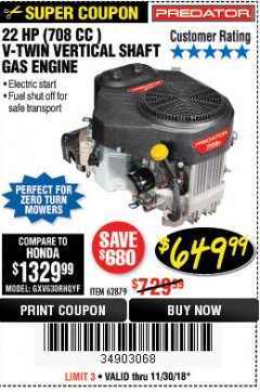 Harbor Freight Coupon PREDATOR 22 HP (708 CC) V-TWIN VERTICAL SHAFT ENGINE Lot No. 62879 Expired: 11/30/18 - $649.99
