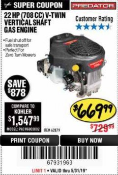 Harbor Freight Coupon PREDATOR 22 HP (708 CC) V-TWIN VERTICAL SHAFT ENGINE Lot No. 62879 Expired: 5/31/19 - $669.99