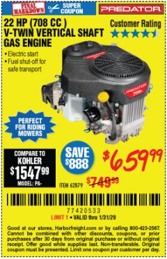 Harbor Freight Coupon PREDATOR 22 HP (708 CC) V-TWIN VERTICAL SHAFT ENGINE Lot No. 62879 Expired: 1/31/20 - $659.99