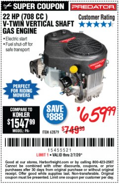 Harbor Freight Coupon PREDATOR 22 HP (708 CC) V-TWIN VERTICAL SHAFT ENGINE Lot No. 62879 Expired: 2/7/20 - $659.99
