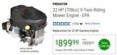 Harbor Freight Coupon PREDATOR 22 HP (708 CC) V-TWIN VERTICAL SHAFT ENGINE Lot No. 62879 Expired: 6/30/20 - $899.99