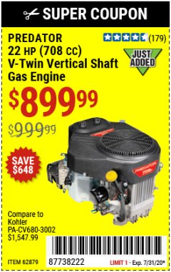 Harbor Freight Coupon PREDATOR 22 HP (708 CC) V-TWIN VERTICAL SHAFT ENGINE Lot No. 62879 Expired: 7/31/20 - $899.99