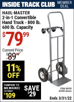 Harbor Freight ITC Coupon 2-IN-1 CONVERTIBLE HAND TRUCK Lot No. 62550/62551/62369 Expired: 3/31/22 - $79.99
