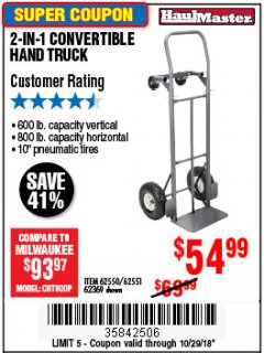Harbor Freight Coupon 2-IN-1 CONVERTIBLE HAND TRUCK Lot No. 62550/62551/62369 Expired: 10/29/18 - $54.99
