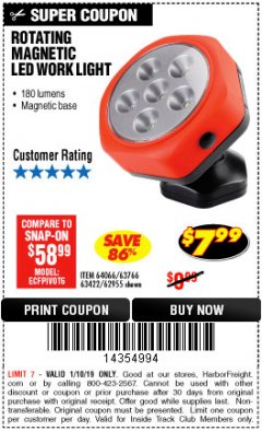 Harbor Freight ITC Coupon ROTATING MAGNETIC LED WORK LIGHT Lot No. 63422/62955/64066/63766 Expired: 1/10/19 - $7.99
