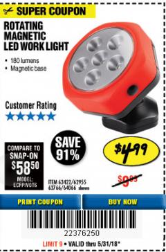 Harbor Freight Coupon ROTATING MAGNETIC LED WORK LIGHT Lot No. 63422/62955/64066/63766 Expired: 5/31/18 - $4.99