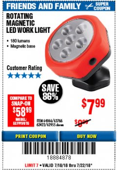 Harbor Freight Coupon ROTATING MAGNETIC LED WORK LIGHT Lot No. 63422/62955/64066/63766 Expired: 7/22/18 - $7.99
