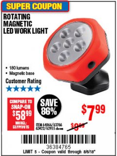 Harbor Freight Coupon ROTATING MAGNETIC LED WORK LIGHT Lot No. 63422/62955/64066/63766 Expired: 8/6/18 - $7.99