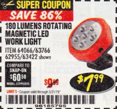 Harbor Freight Coupon ROTATING MAGNETIC LED WORK LIGHT Lot No. 63422/62955/64066/63766 Expired: 5/31/19 - $7.99