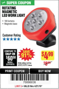 Harbor Freight Coupon ROTATING MAGNETIC LED WORK LIGHT Lot No. 63422/62955/64066/63766 Expired: 4/21/19 - $4.99