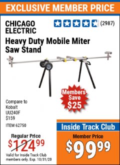 Harbor Freight ITC Coupon CHICAGO ELECTRIC HEAVY DUTY MOBILE MITER SAW STAND Lot No. 63409/62750 Expired: 10/31/20 - $99.99