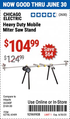 Harbor Freight Coupon CHICAGO ELECTRIC HEAVY DUTY MOBILE MITER SAW STAND Lot No. 63409/62750 Expired: 6/30/20 - $104.99