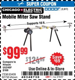 Harbor Freight Coupon CHICAGO ELECTRIC HEAVY DUTY MOBILE MITER SAW STAND Lot No. 63409/62750 Expired: 8/16/20 - $99.99