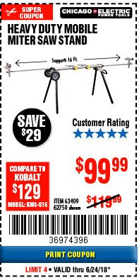 Harbor Freight Coupon CHICAGO ELECTRIC HEAVY DUTY MOBILE MITER SAW STAND Lot No. 63409/62750 Expired: 6/24/18 - $99.99