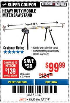 Harbor Freight Coupon CHICAGO ELECTRIC HEAVY DUTY MOBILE MITER SAW STAND Lot No. 63409/62750 Expired: 7/22/18 - $99.99