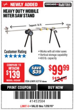 Harbor Freight Coupon CHICAGO ELECTRIC HEAVY DUTY MOBILE MITER SAW STAND Lot No. 63409/62750 Expired: 1/20/19 - $99.99