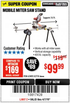 Harbor Freight Coupon CHICAGO ELECTRIC HEAVY DUTY MOBILE MITER SAW STAND Lot No. 63409/62750 Expired: 4/7/19 - $99.99