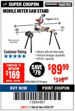 Harbor Freight Coupon CHICAGO ELECTRIC HEAVY DUTY MOBILE MITER SAW STAND Lot No. 63409/62750 Expired: 8/25/19 - $89.99