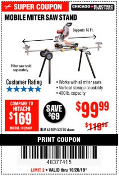 Harbor Freight Coupon CHICAGO ELECTRIC HEAVY DUTY MOBILE MITER SAW STAND Lot No. 63409/62750 Expired: 10/20/19 - $99.99