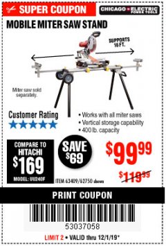 Harbor Freight Coupon CHICAGO ELECTRIC HEAVY DUTY MOBILE MITER SAW STAND Lot No. 63409/62750 Expired: 12/1/19 - $99.99