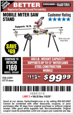 Harbor Freight Coupon CHICAGO ELECTRIC HEAVY DUTY MOBILE MITER SAW STAND Lot No. 63409/62750 Expired: 1/6/20 - $99.99