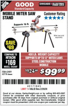 Harbor Freight Coupon CHICAGO ELECTRIC HEAVY DUTY MOBILE MITER SAW STAND Lot No. 63409/62750 Expired: 2/29/20 - $99.99