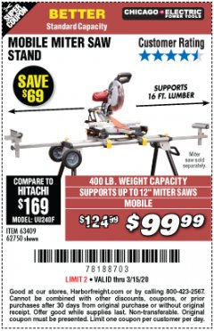 Harbor Freight Coupon CHICAGO ELECTRIC HEAVY DUTY MOBILE MITER SAW STAND Lot No. 63409/62750 Expired: 3/15/20 - $99.99