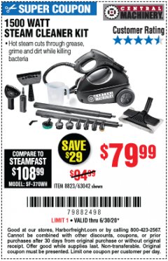 Harbor Freight Coupon 1500 WATT STEAM CLEANER KIT Lot No. 8823/63042 Expired: 6/30/20 - $79.99