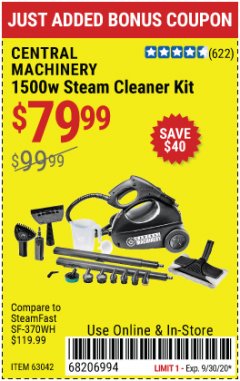 Harbor Freight Coupon 1500 WATT STEAM CLEANER KIT Lot No. 8823/63042 Expired: 9/30/20 - $79.99