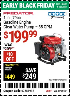 Harbor Freight Coupon 1" CLEAR WATER GASOLINE ENGINE WATER PUMP (79 CC) Lot No. 63404 Expired: 11/23/21 - $199.99