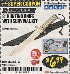 Harbor Freight Coupon 8" HUNTING KNIFE WITH SURVIVAL KIT Lot No. 90714/61501/61733 Expired: 4/30/19 - $6.99