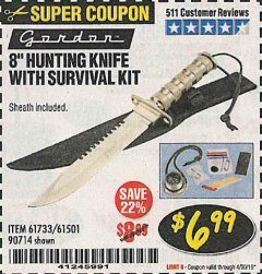 Harbor Freight Coupon GORDON 8 IN. SURVIVAL/HUNTING KNIFE Lot No. 61733/90714 Expired: 4/30/19 - $6.99
