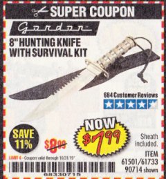Harbor Freight Coupon GORDON 8 IN. SURVIVAL/HUNTING KNIFE Lot No. 61733/90714 Expired: 10/31/19 - $7.99