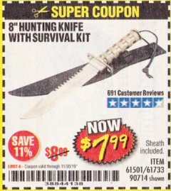 Harbor Freight Coupon GORDON 8 IN. SURVIVAL/HUNTING KNIFE Lot No. 61733/90714 Expired: 11/30/19 - $7.99