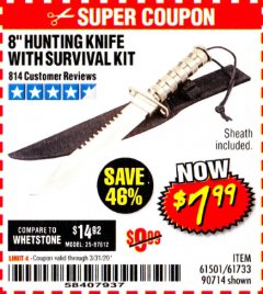 Harbor Freight Coupon GORDON 8 IN. SURVIVAL/HUNTING KNIFE Lot No. 61733/90714 Expired: 3/31/20 - $7.99