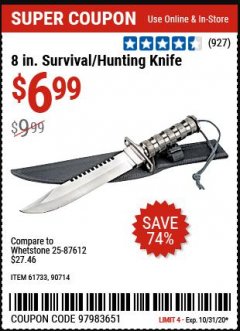 Harbor Freight Coupon GORDON 8 IN. SURVIVAL/HUNTING KNIFE Lot No. 61733/90714 Expired: 10/31/20 - $6.99