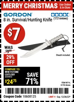 Harbor Freight Coupon GORDON 8 IN. SURVIVAL/HUNTING KNIFE Lot No. 61733/90714 Expired: 12/26/22 - $7