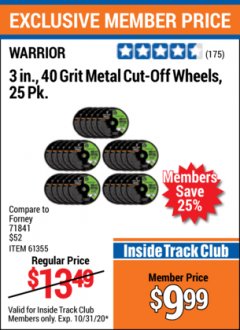 Harbor Freight ITC Coupon 3" CUT-OFF WHEELS FOR METAL PACK OF 25 Lot No. 93178/61150/61355 Expired: 10/31/20 - $9.99