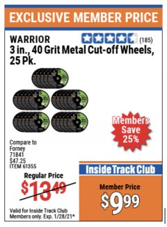 Harbor Freight ITC Coupon 3" CUT-OFF WHEELS FOR METAL PACK OF 25 Lot No. 93178/61150/61355 Expired: 1/28/21 - $9.99