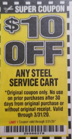 Harbor Freight PERCENT Coupon 24" X 36" TWO SHELF STEEL SERVICE CART Lot No. 62587/5770 Expired: 3/31/20 - $0